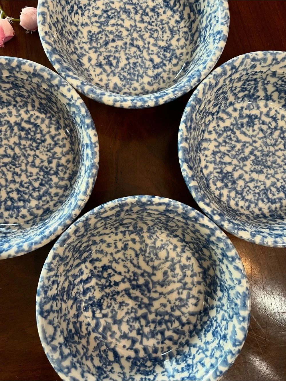 VTG 4-Set Gerald E. Henn Blue Roseville Spongeware Single Handle Soup Bowls